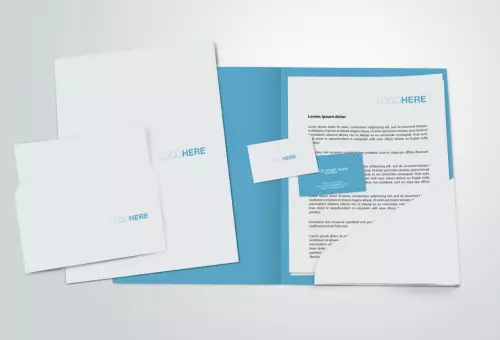 PSD mockup of folders with documents and business cards