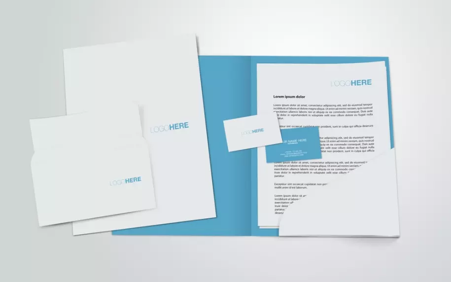 PSD mockup of folders with documents and business cards