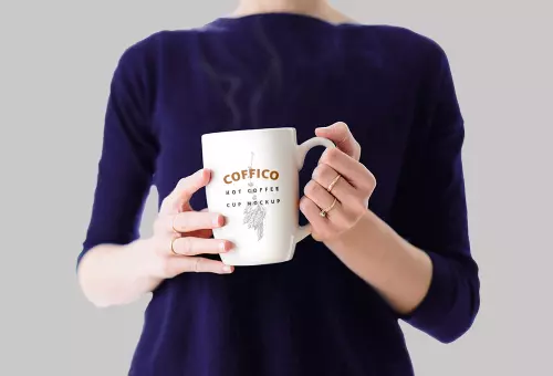 Mockup of a girl with a mug of coffee in her hands