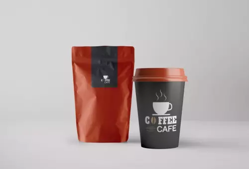 Coffee packaging and paper cup PSD mockup