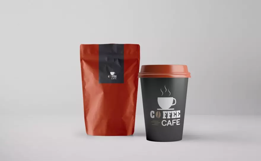 Download Coffee packaging and paper cup PSD mockup