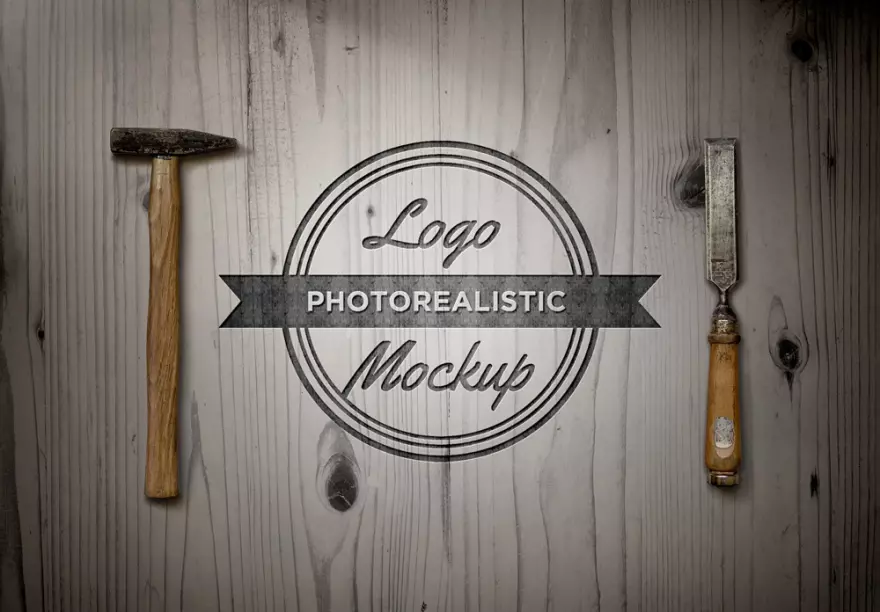 Download PSD logo mockup with hammer and chisel