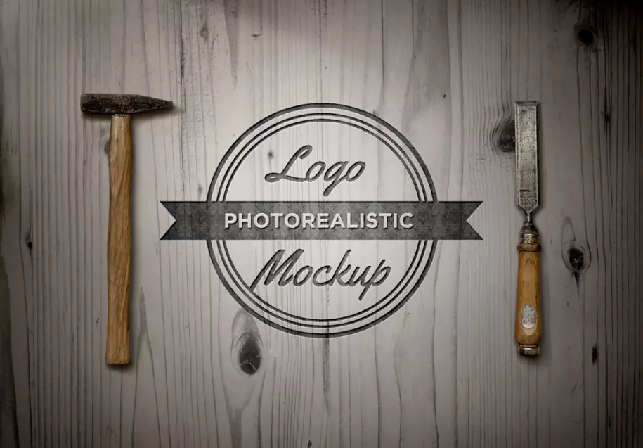 PSD logo mockup with hammer and chisel