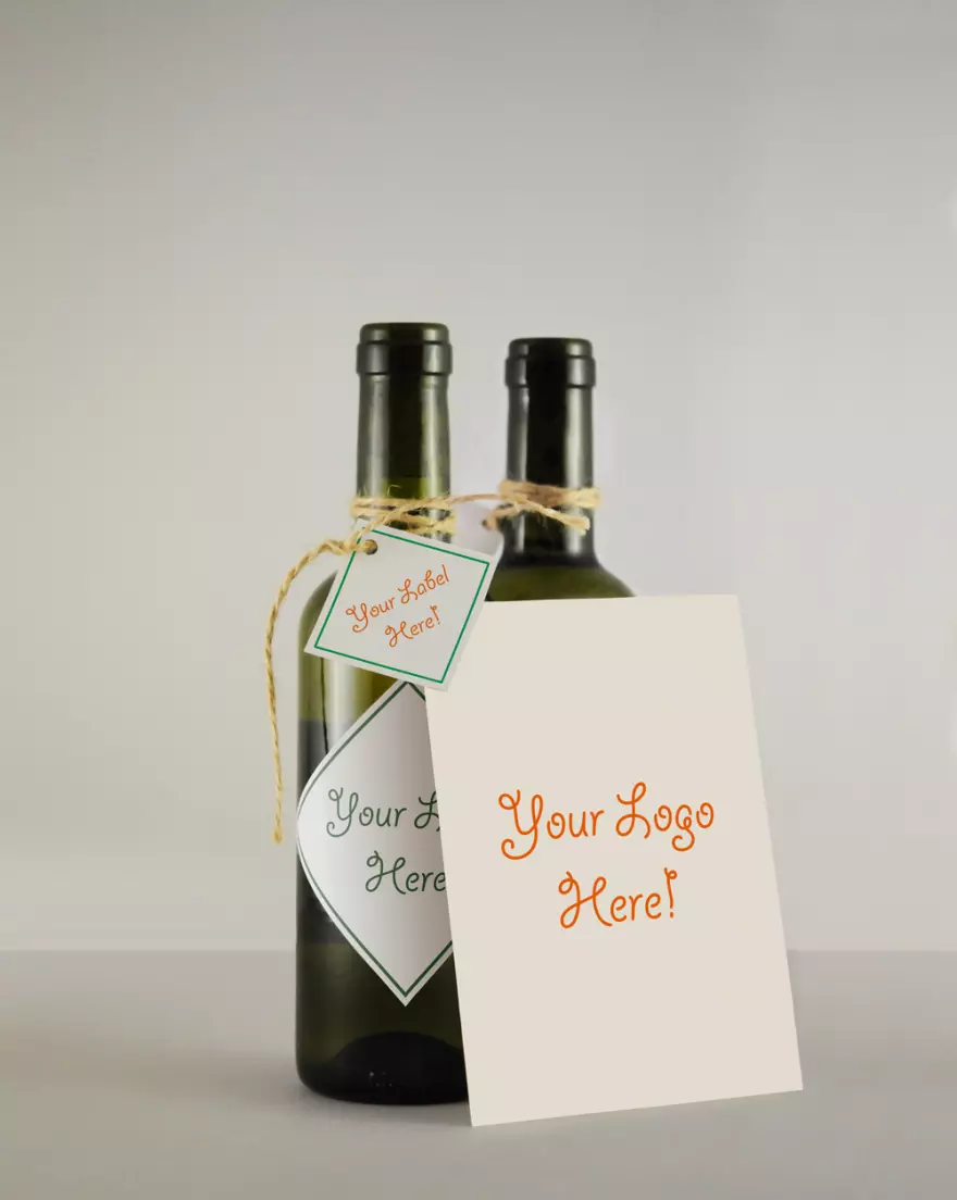 Download PSD mockup of two bottles of wine with a postcard