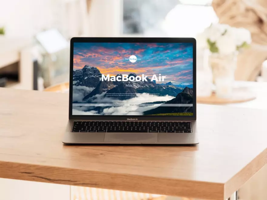 Download Macbook air PSD mockup on wooden table