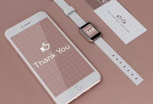iPhone, watch, business cards PSD mockup