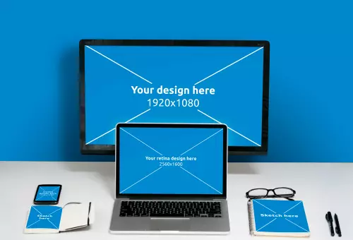 PSD mockup of business items with blue design