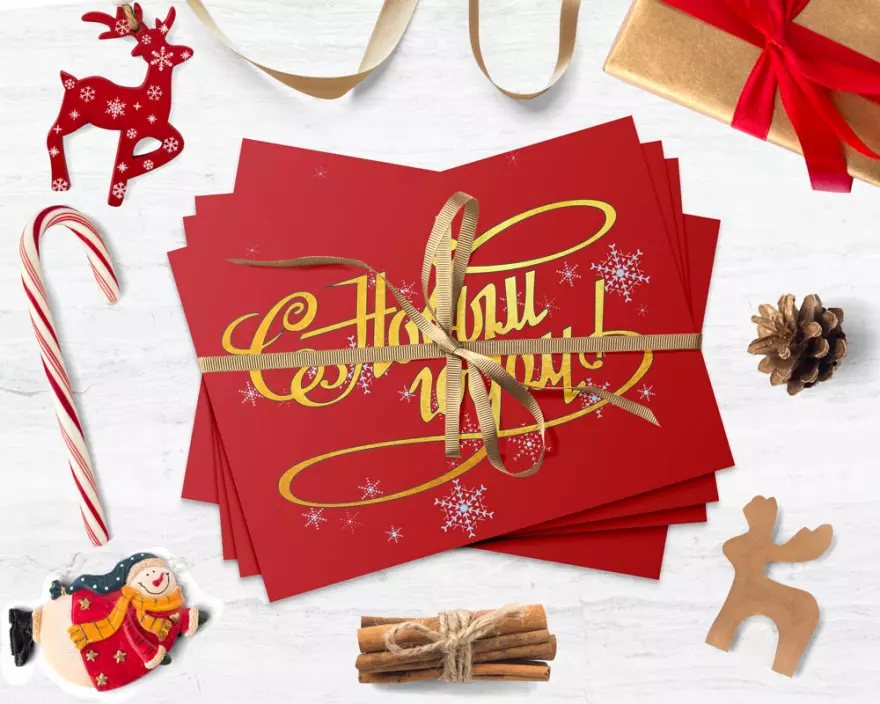 Download Red New Year postcard PSD mockup