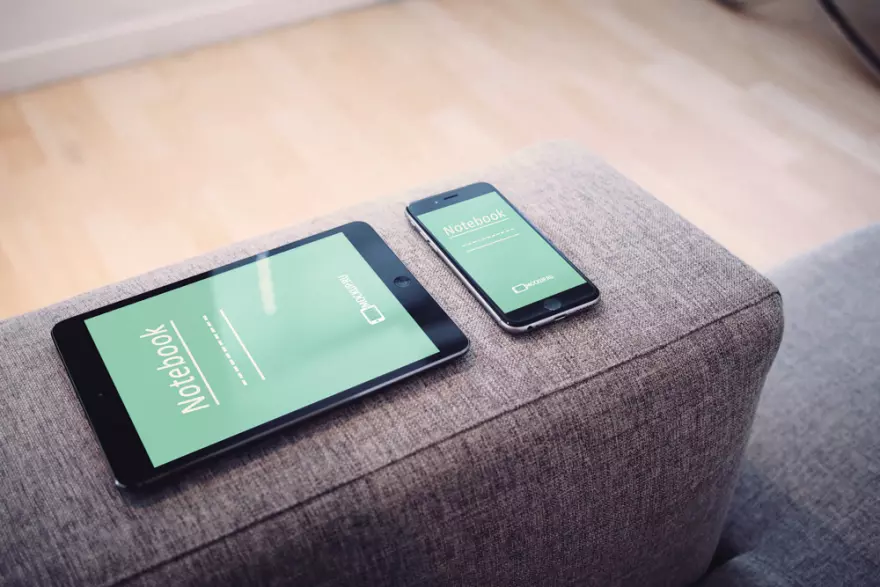Download Tablet and smartphone on sofa PSD mockup