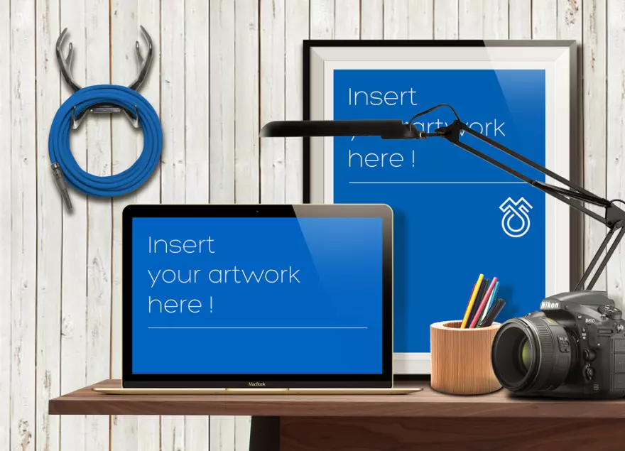 Download Laptop and frame in blue colores PSD mockup