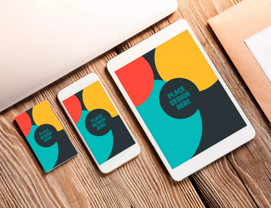 Download Gadgets and business card PSD mockup