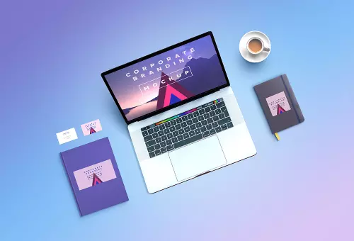 Laptop and notepads PSD mockup