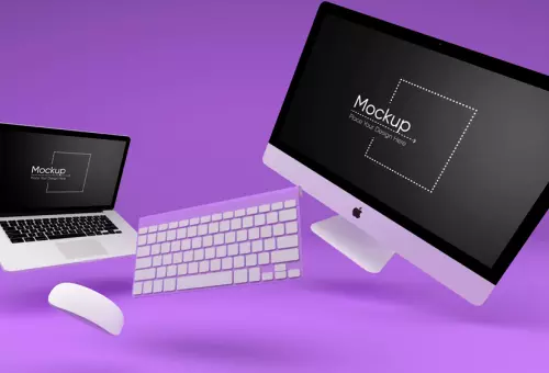 Keyboard with macBook and iMac PSD mockup