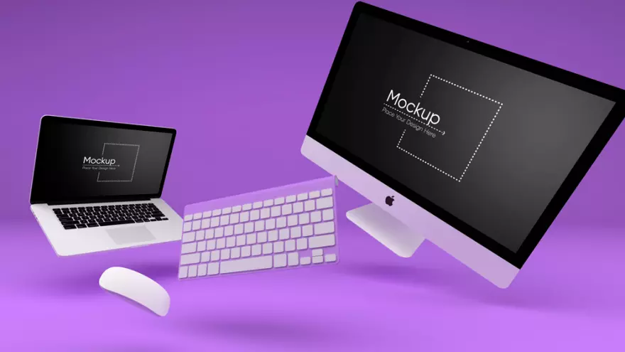 Download Keyboard with macBook and iMac PSD mockup