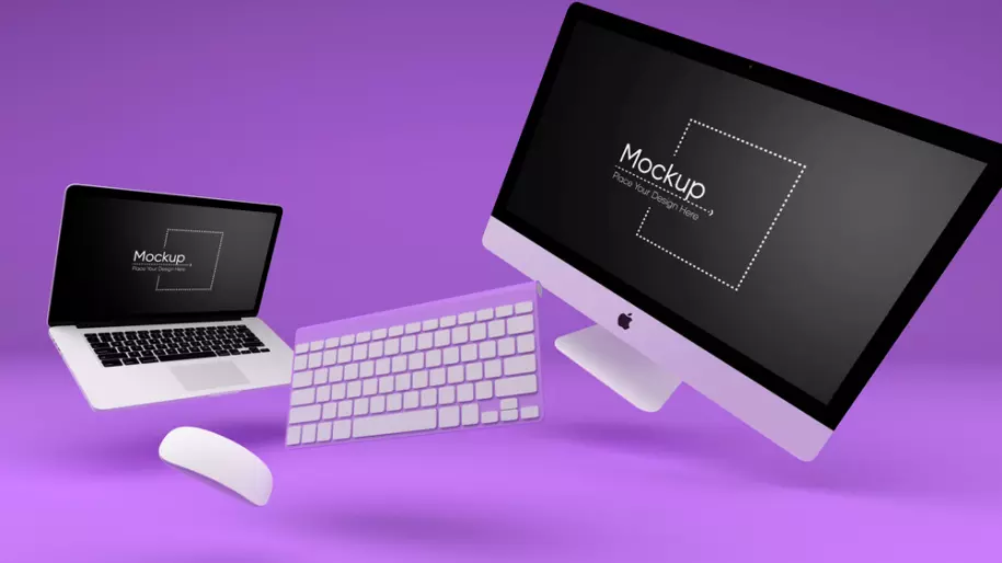 Keyboard with macBook and iMac PSD mockup