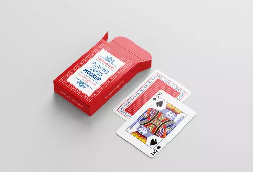 Two playing cards with a box PSD mockup