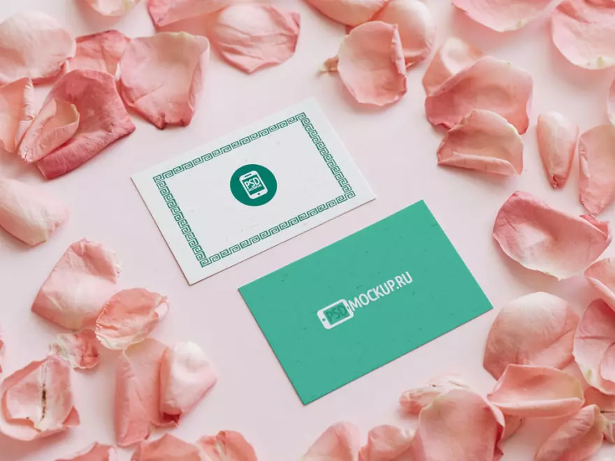Download Petals with business cards PSD mockup