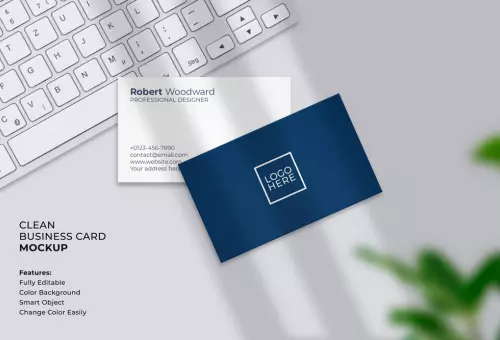 Blue and white business cards PSD mockup
