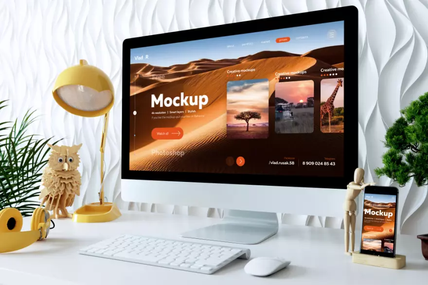 Download iMac with a smartphone PSD mockup