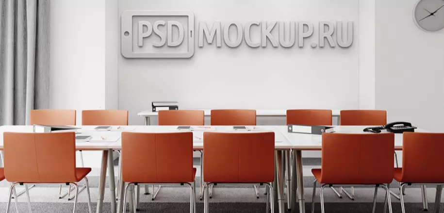 PSD mockup of a 3D logo on an office wall