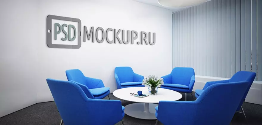 Download Logo mockup on office wall with blue armchairs
